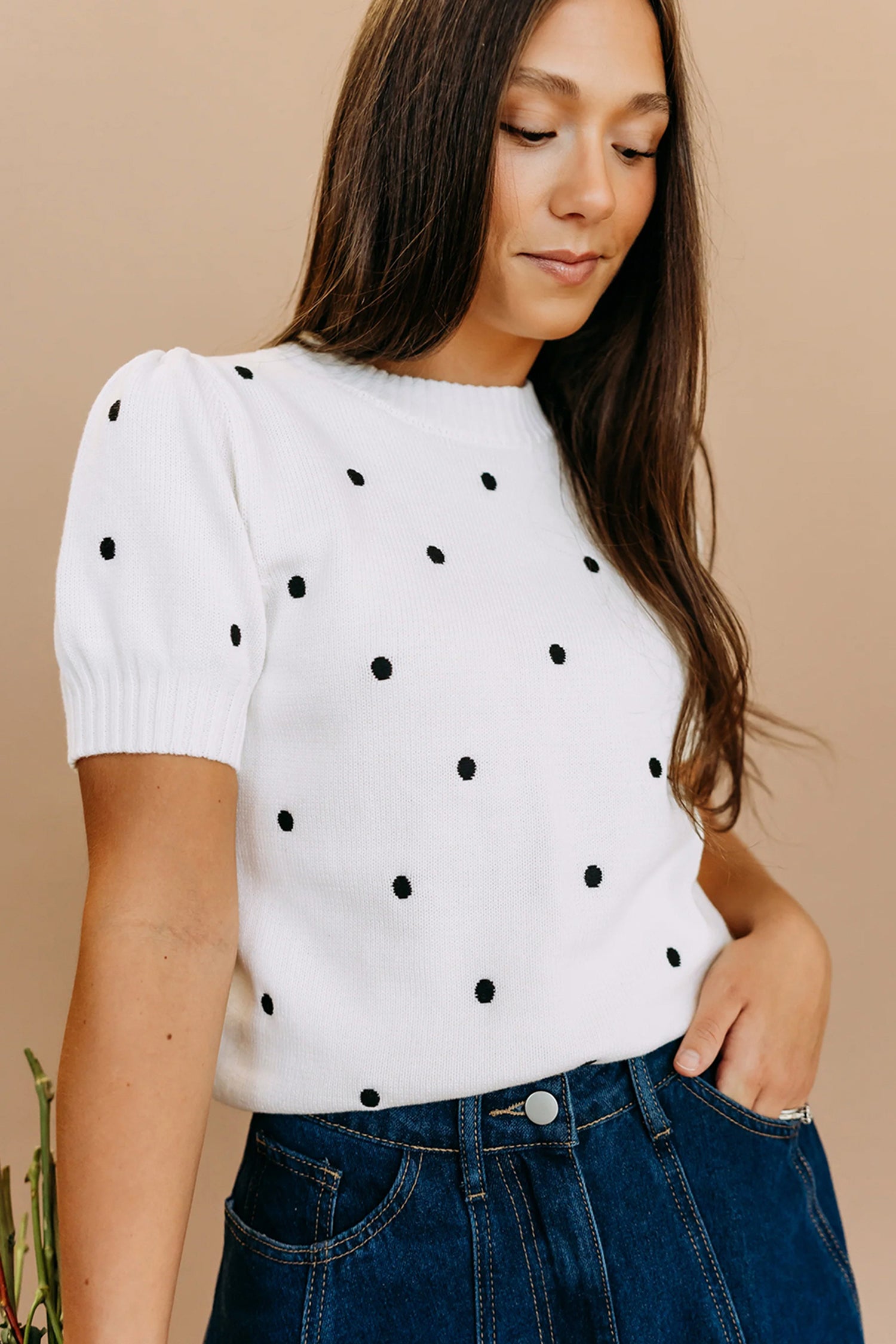 White Elegant Polka Dot Bubble Short Sleeve Sweater 56ad944e9a8d6977