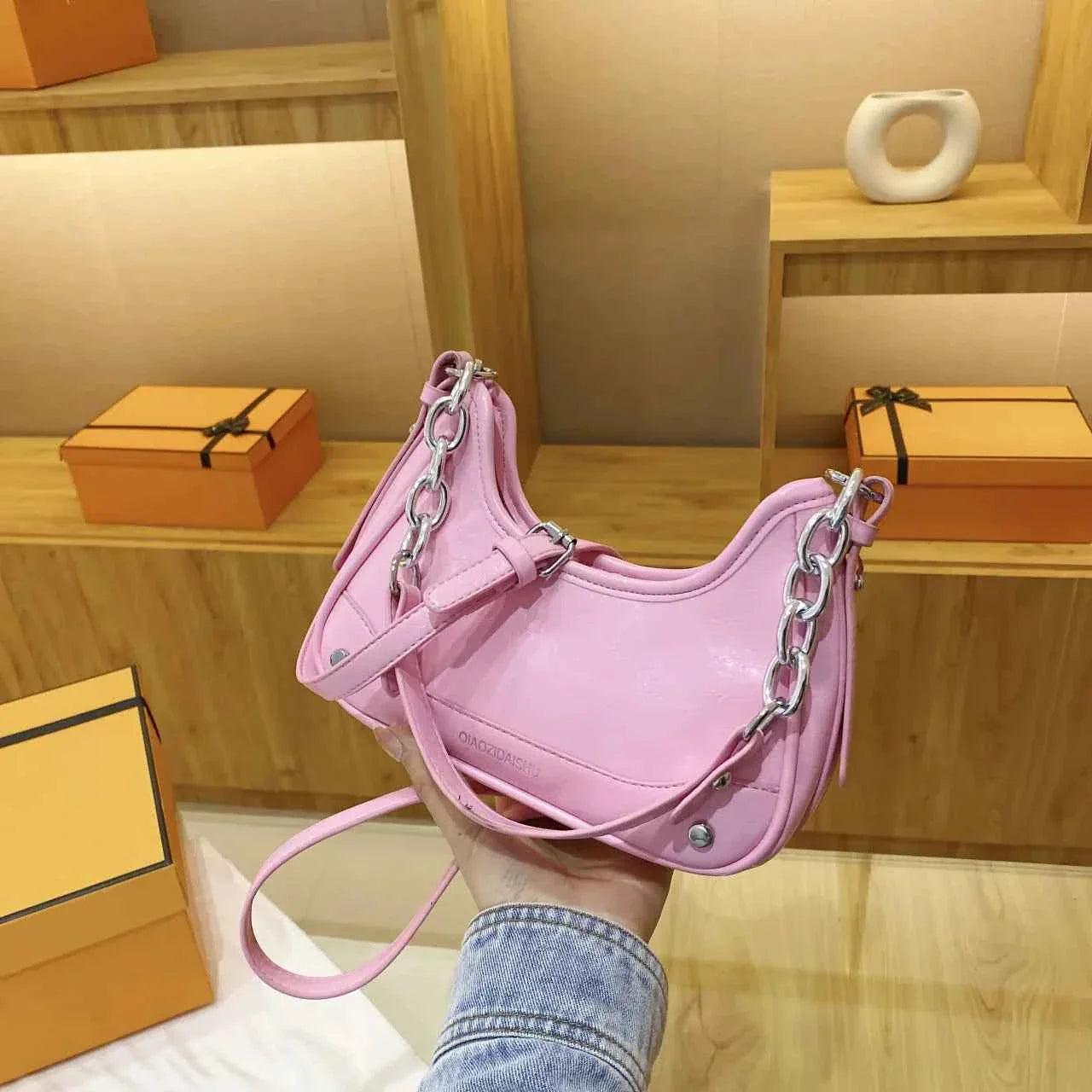 Chain Detail Leather Shoulder Bag Pink onesize 56adaa80efcd4304a94a09fc6ed12756-Max-Origin