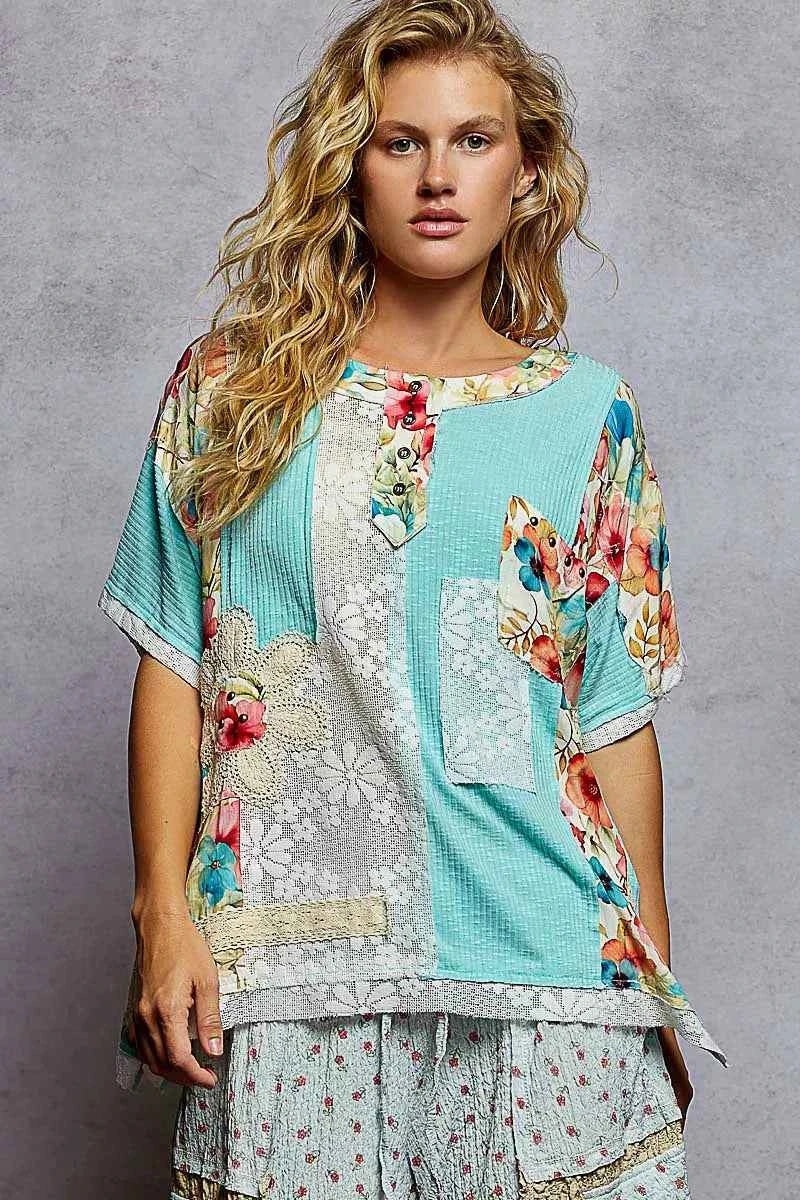 Lace Round Neck Short Sleeve Floral Pattern Top with Patch Detail 56aede12-cf7c-420a-aba4-e7f44c2f96b5-Max-Origin