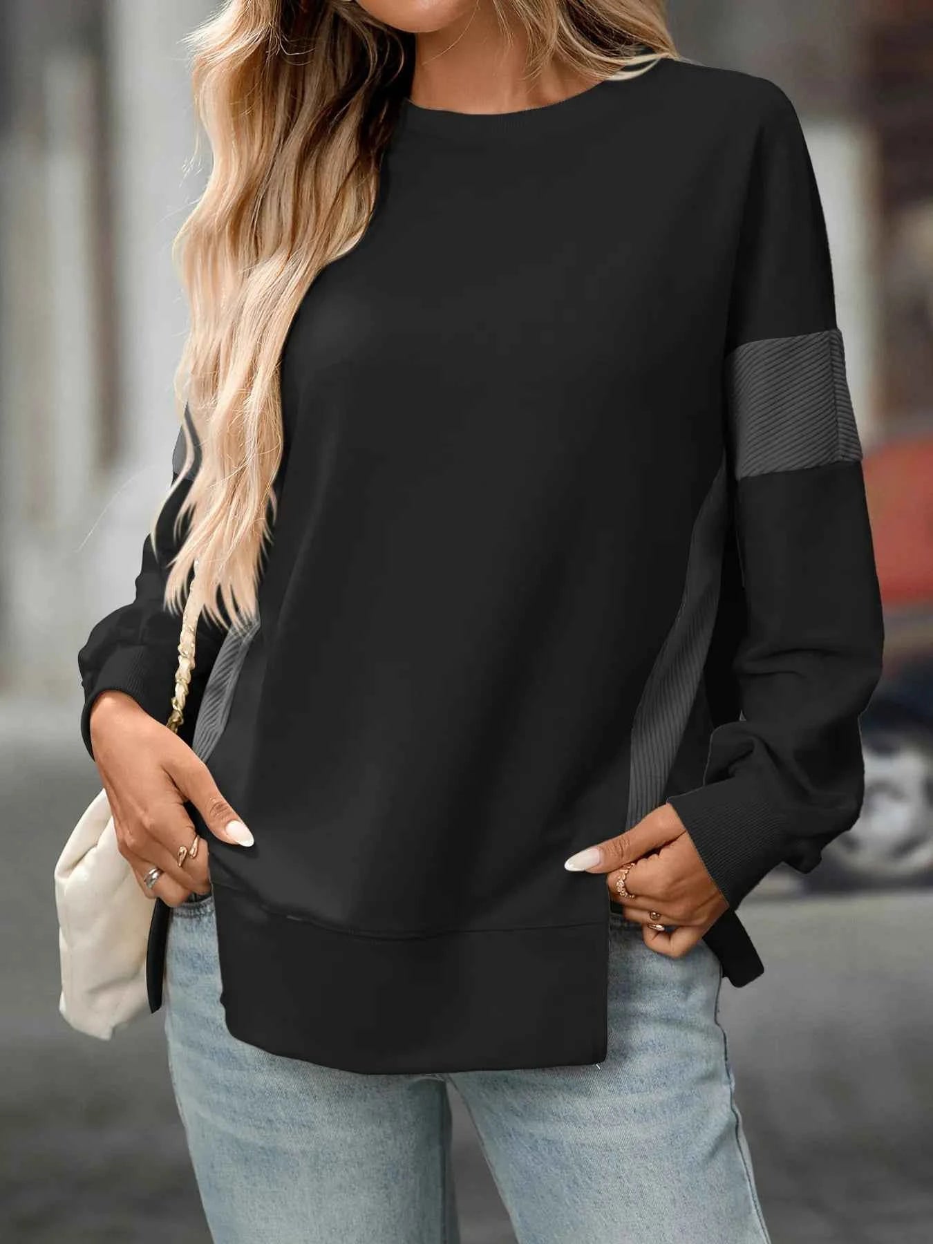 Slit Round Neck Long Sleeve Sweatshirt Black 56c005c296d741c88030b120b81c8076-Max-Origin