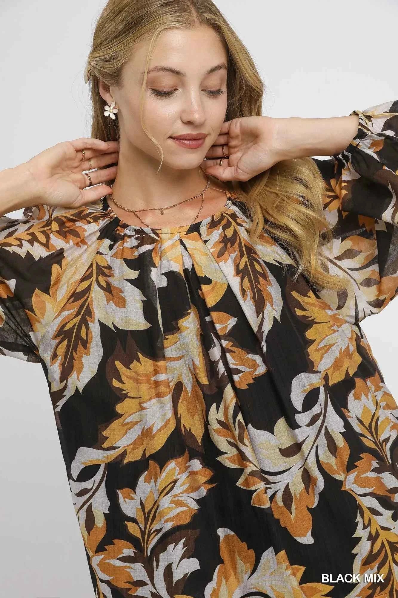 Umgee Autumn Leaf Print Balloon Sleeve Blouse 56c281d9-bd38-493c-9cb9-5e6c4f8aabf4-Max-Origin