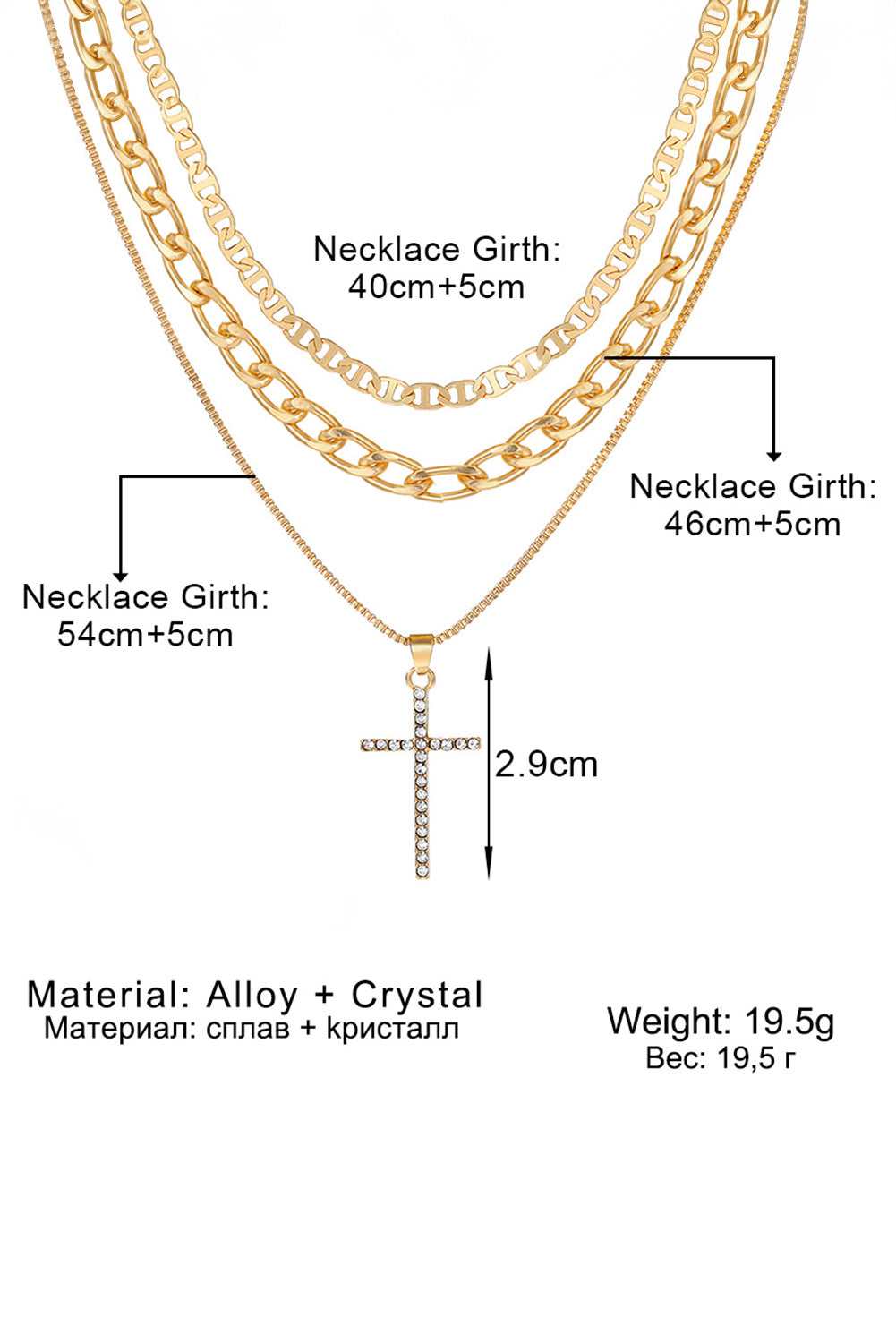 Silvery Rhinestone Cross Pendant Multi Layer Stacked Chain Necklace Gold ONE SIZE 100%Alloy 56c295f5f8e8e91c