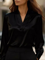 V-Neck Long Sleeve Satin Blouse Black 56c3213410b5455db6c74fdf96ec0eb3-Max-Origin