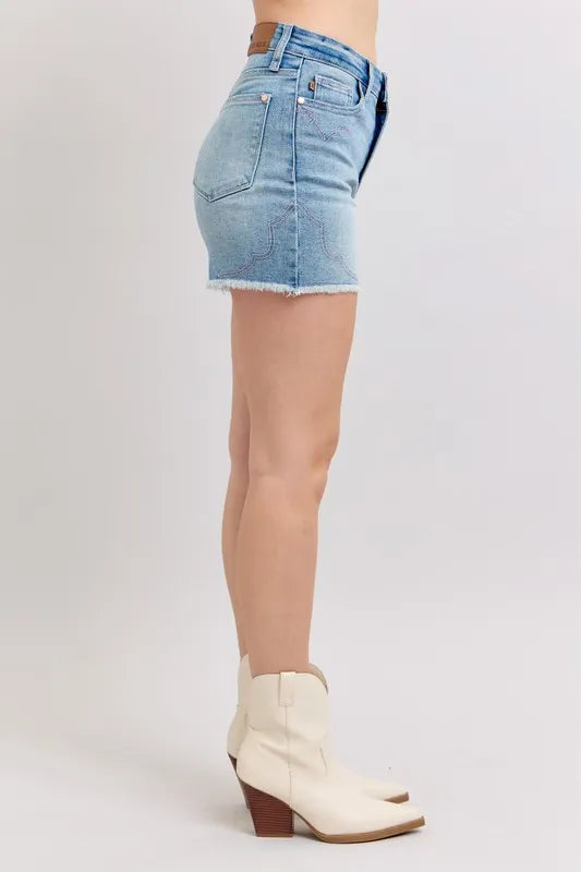 Judy Blue Full Size High Waist Western Embroidery Detail Cut Off Denim Shorts Plus Size 56c9e1604e704aefac1d14b23cb5674c-Max-Origin
