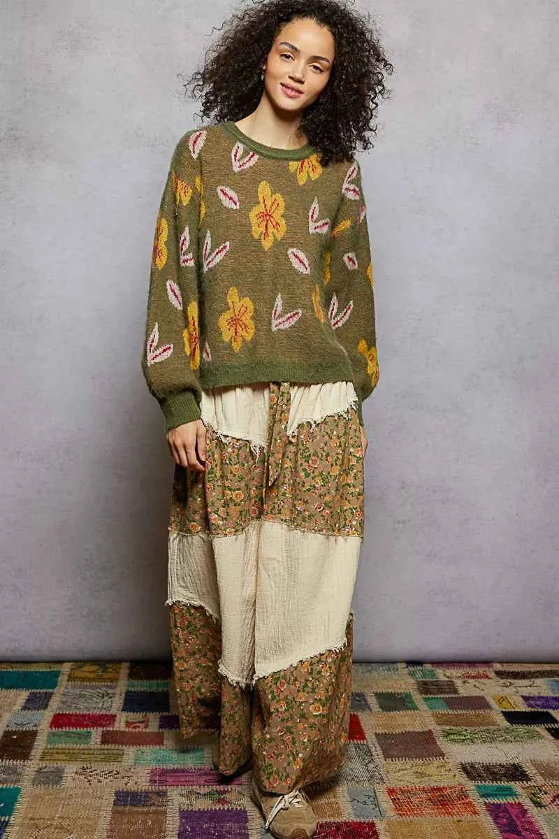POL Floral Pattern Round Neck Balloon Sleeve Sweater 56ca7b5d-86c0-43aa-aa55-3b9c39dc8898-Max-Origin