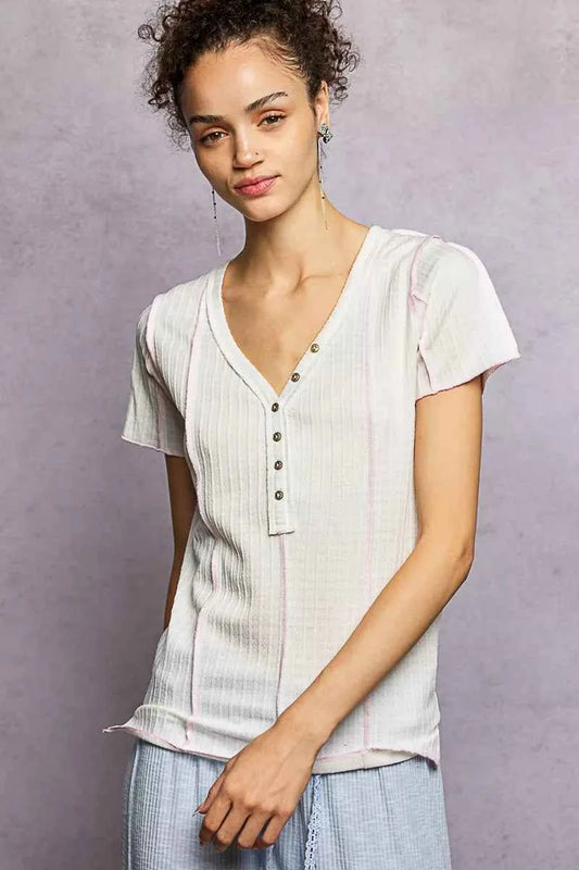 V-Neck Short Sleeve Top with Stitch Seam Detail 56ce6267-9ea2-4d25-95e6-aa0a183894d7-Max-Origin