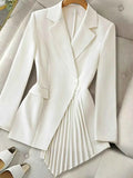 One Button Asymmetric Pleated Hem Blazer White 56cec8ce4ac041e5a5b16b3041b53d6a-Max-Origin
