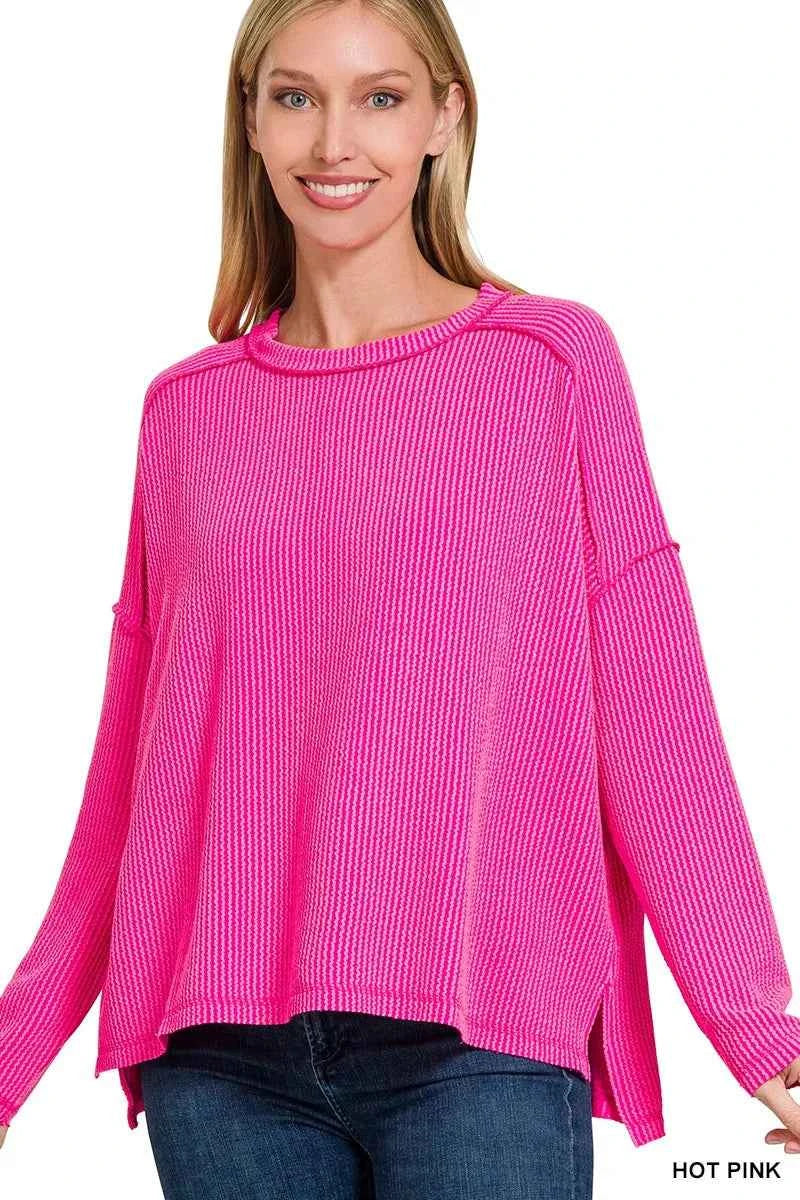 Exposed Seam Long Sleeve Corded Rib Knit Top HOT PINK 56d3fc37732c451fa3a30577a2938d8b-Max-Origin