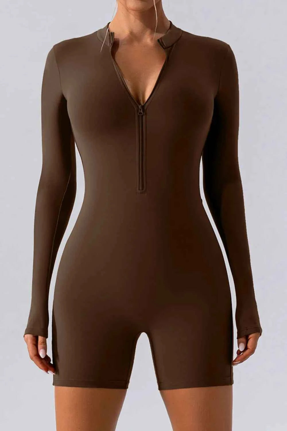 Half Zip Long Sleeve Active Romper Chocolate 56d7530a-9d64-4704-acd9-f77d8e9195c0-Max