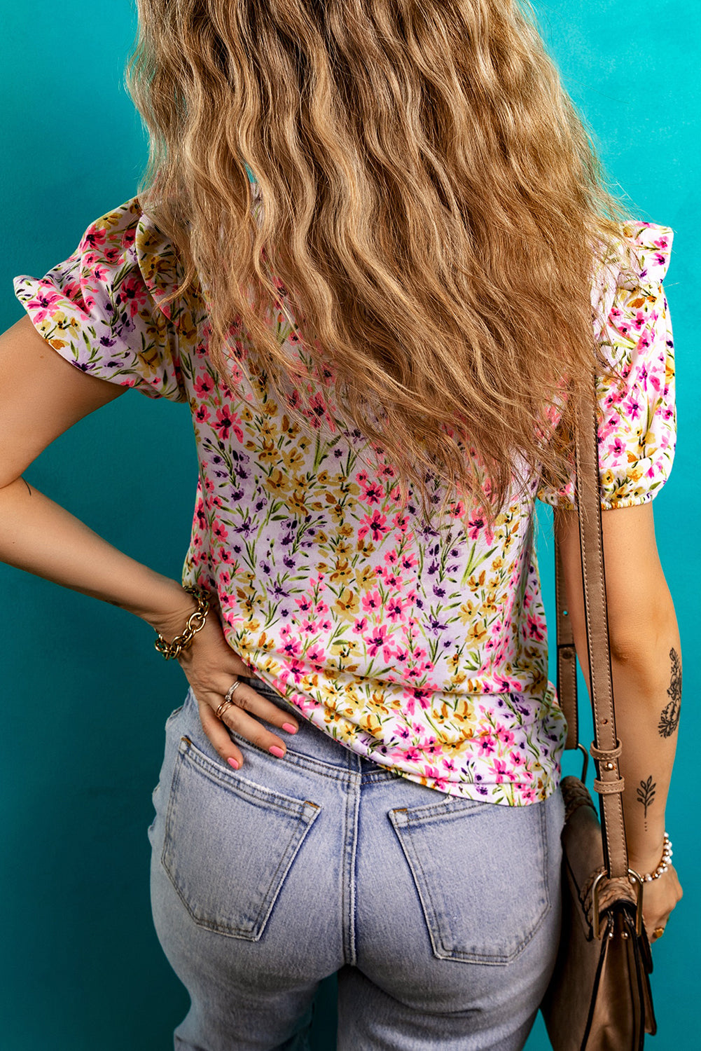 Pink Floral Puff Short Sleeve Crewneck Blouse 56de8a3974d6d122