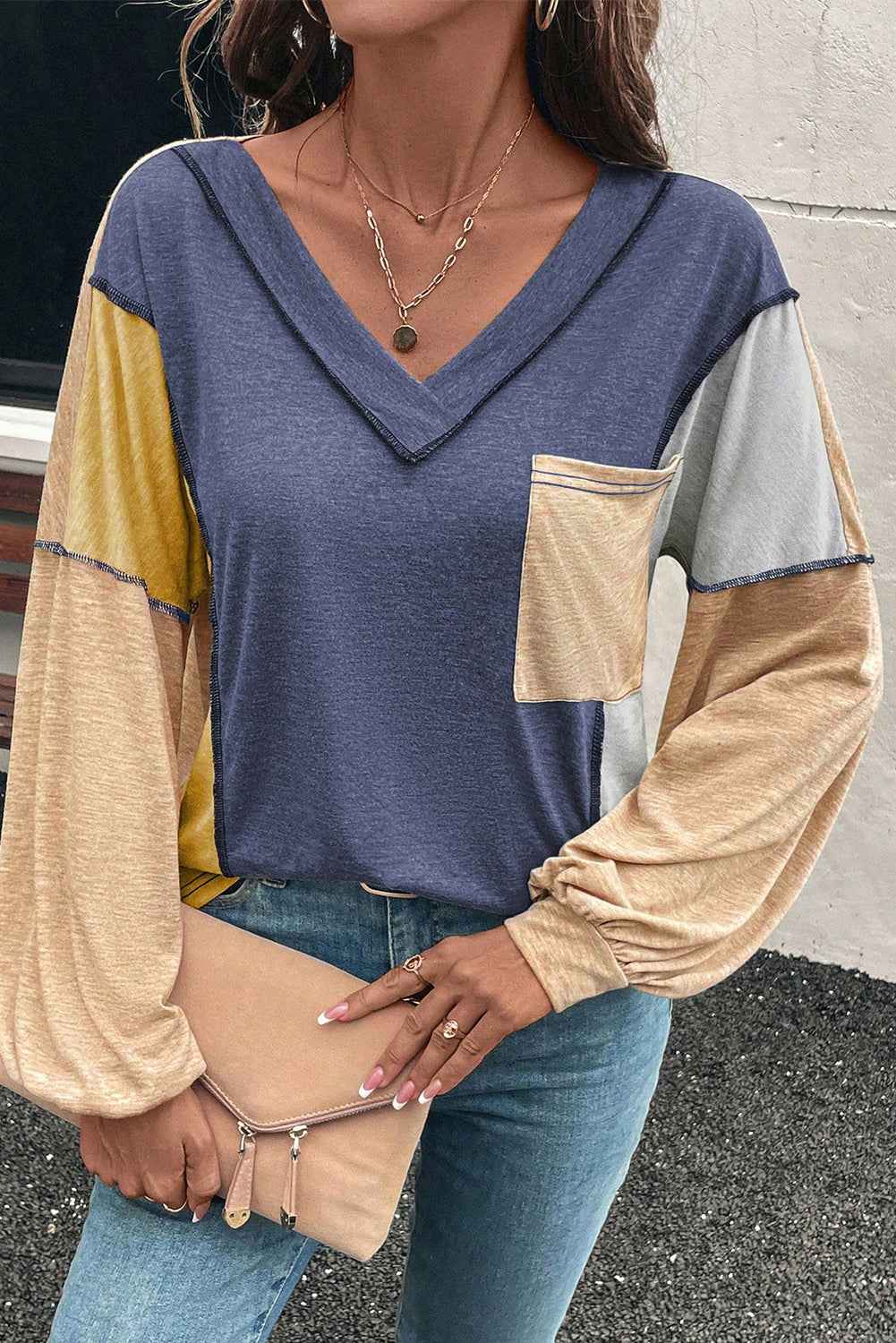 Sail Blue Exposed Stitching Colorblock V Neck Long Sleeve Top 56e181dc41d2098d