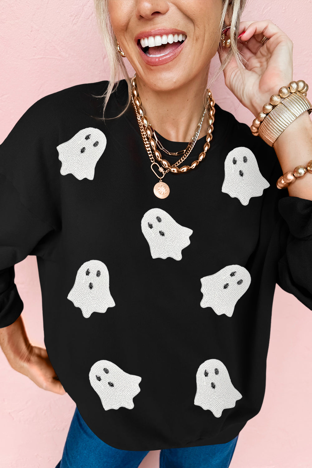 Black Halloween Ghost Sequins Patch Drop Shoulder Sweatshirt 56e9226a61edbdf5