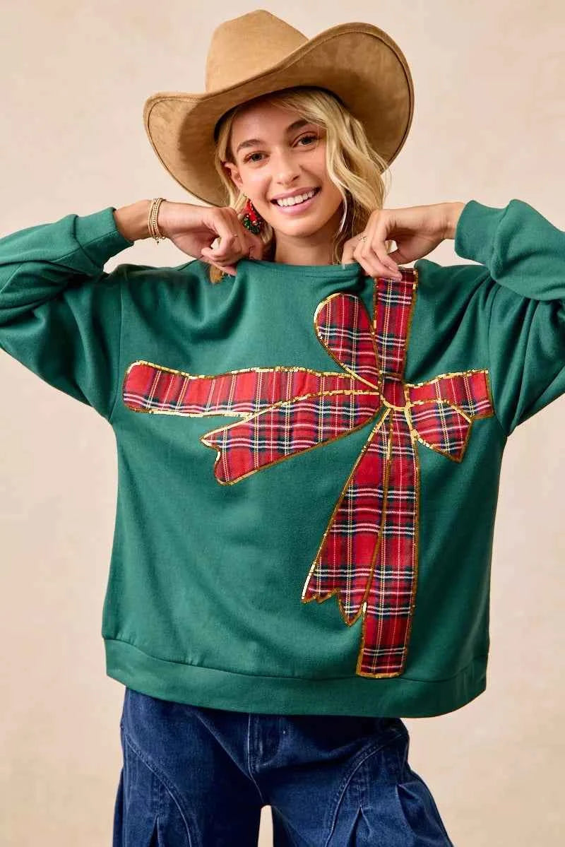 Plaid Ribbon Bow Detail Christmas Fleece Pullover 56f1b62680f3431d8963824000c16b87-Max-Origin