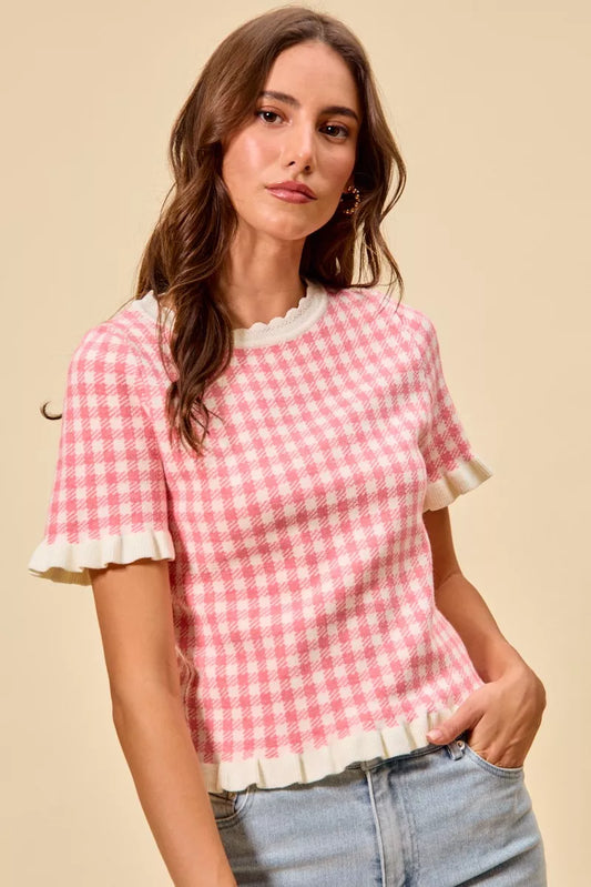 Gingham Knit Ruffled Short Sleeves Sweater Top 56f1d300-1286-4f1f-8bb8-3d3ce22e6c0b-Max-Origin