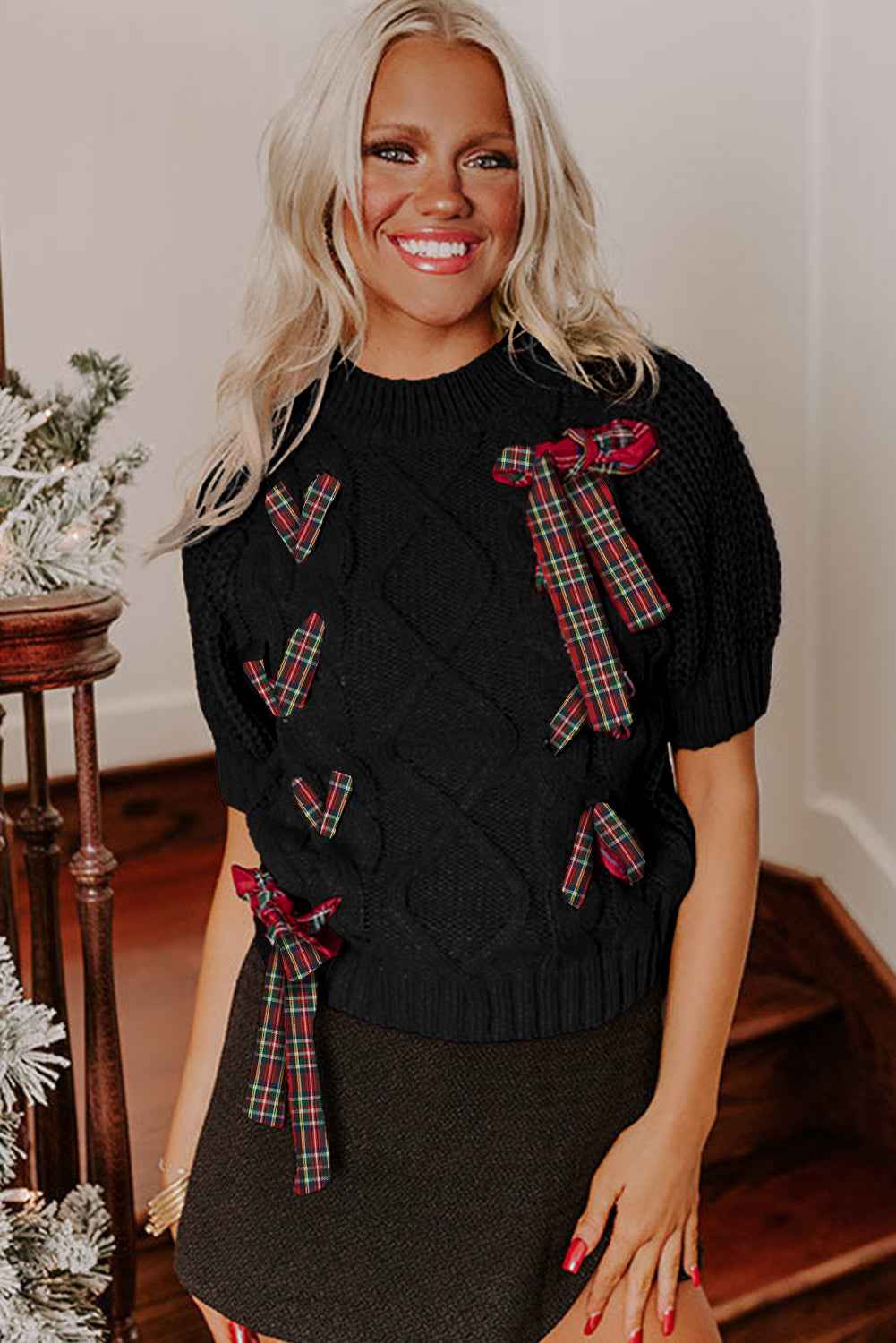 Fiery Red Plaid Lace-up Detail Christmas Holiday Puff Short Sleeve Sweater 56f2248783f06e7e