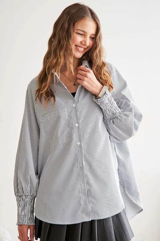 ADORA High-Low Striped Button Down Smocked Lantern Sleeve Shirt Gray 56f5490c-f401-4355-8cbe-10676edbb8f1-Max