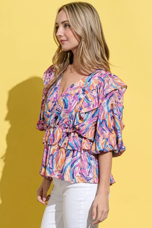 Printed Ruffled Peplum Lantern Sleeve Blouse - 100% Polyester 56fae285e22c43219046ed55d5785b6d-Max-Origin