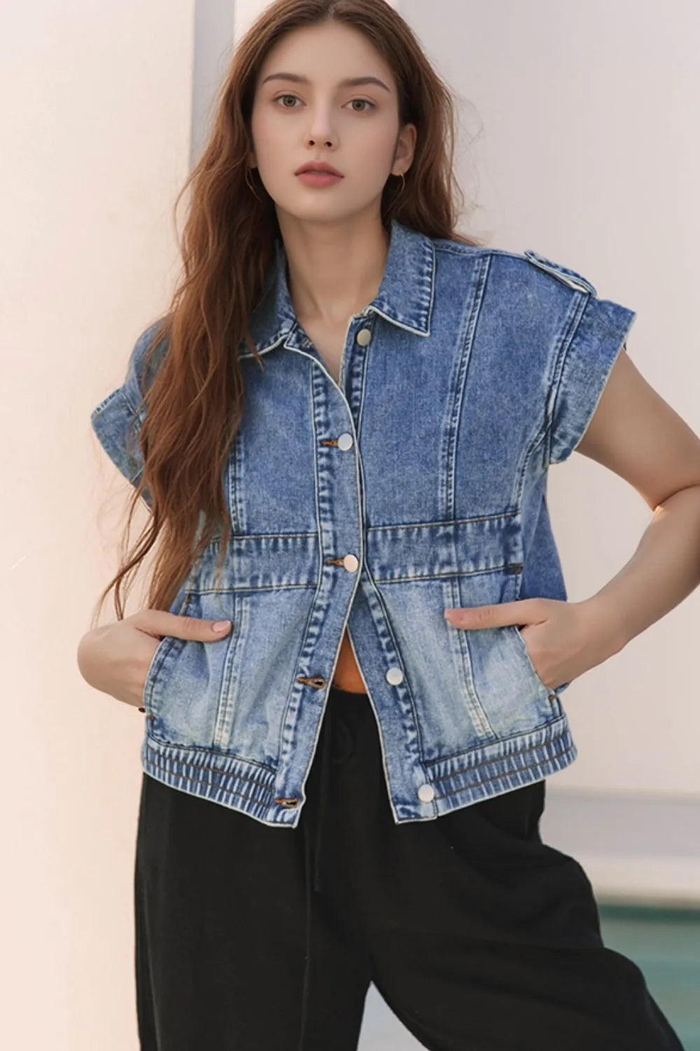 Button Up Cap Sleeve Denim Jacket Medium 56fb51c8-f50b-43b3-bcf5-d68ff8f47fc6-Max-Origin