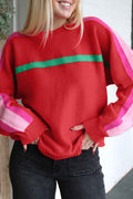 Fiery Red Colorblock Striped Long Sleeve Knit Sweater Fiery Red 52%Viscose+26%Polyester+22%Polyamide 5705551845a1266c