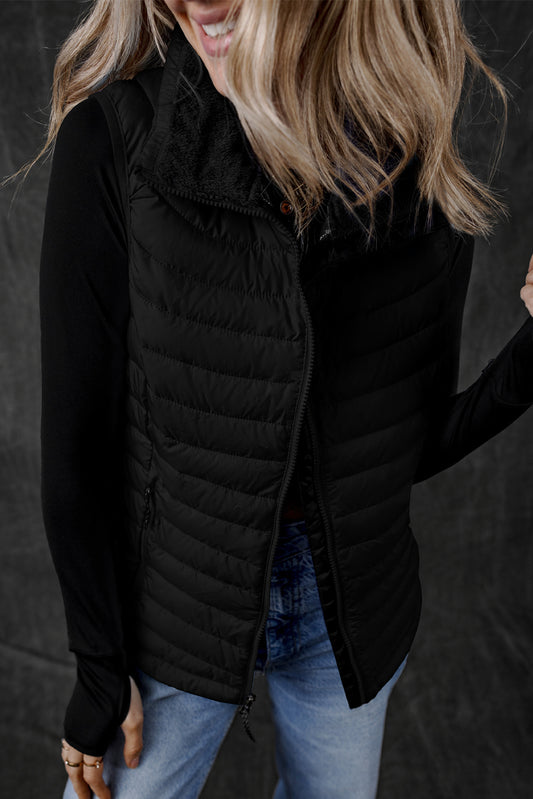 Black Plush Collared Quilted Zipped Puffer Vest 5707005bc29f2b9a