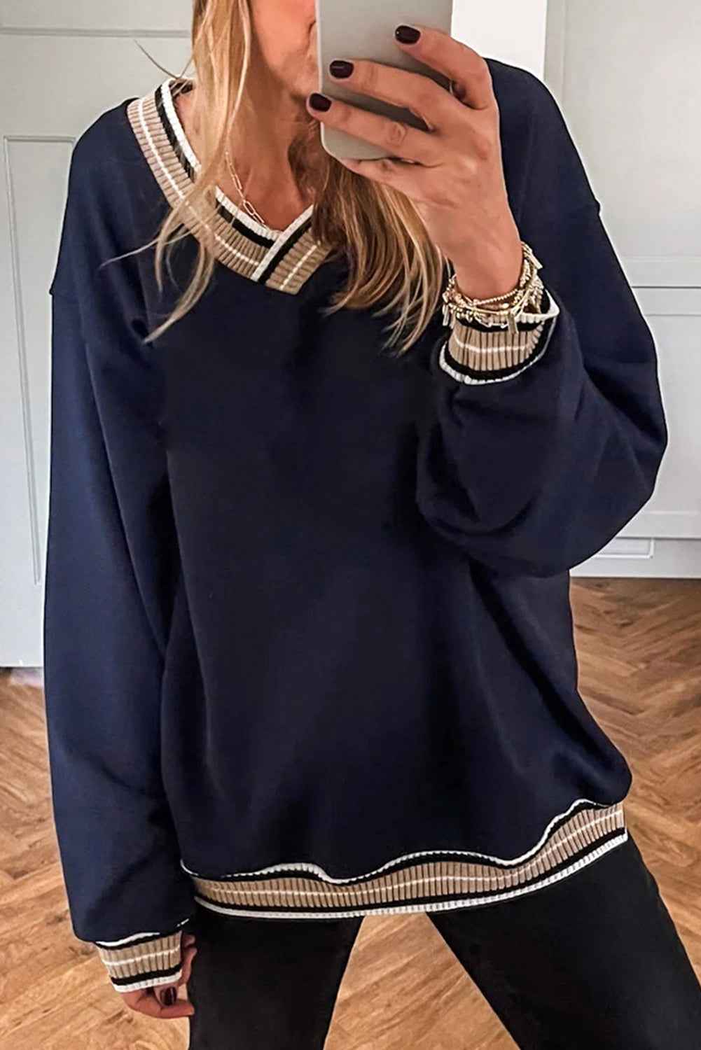 Parchment Varsity Contrast Trim V Neck Sweatshirt Navy Blue 65%Polyester+35%Cotton 570db647a895de09
