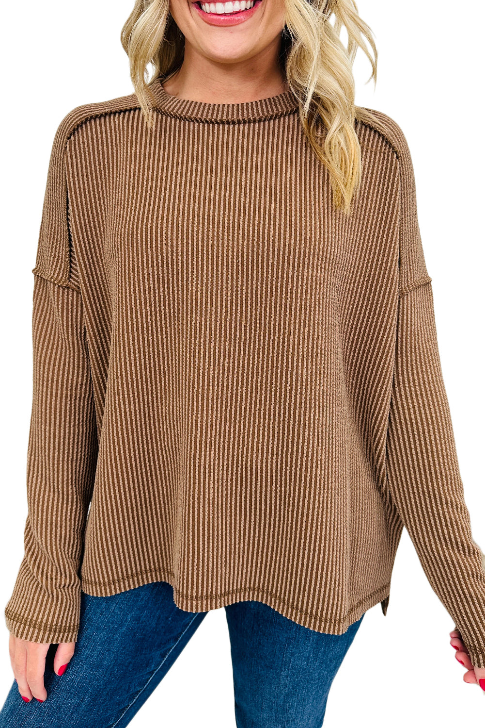 Green Bay Twisted Rib Exposed Seam Detail Long Sleeve Loose Top Dark Khaki 75%Polyester+20%Viscose+5%Elastane 5710c967025d0d68