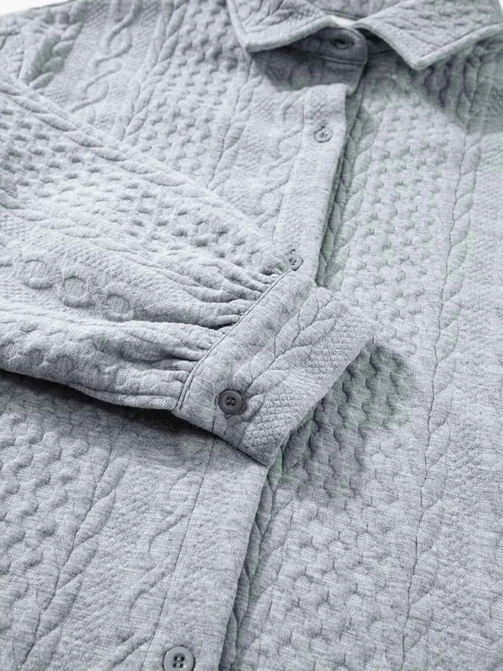 Cable Texture Puff Sleeve Loose Shacket 57160607a3414d0f89b5abcd18fddc91-Max-Origin