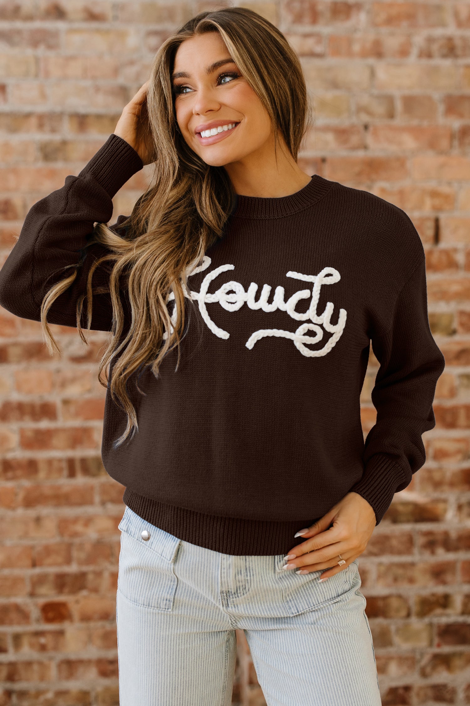 Chicory Coffee Howdy Embroidered Graphic Western Sweater 5716244087f41c60