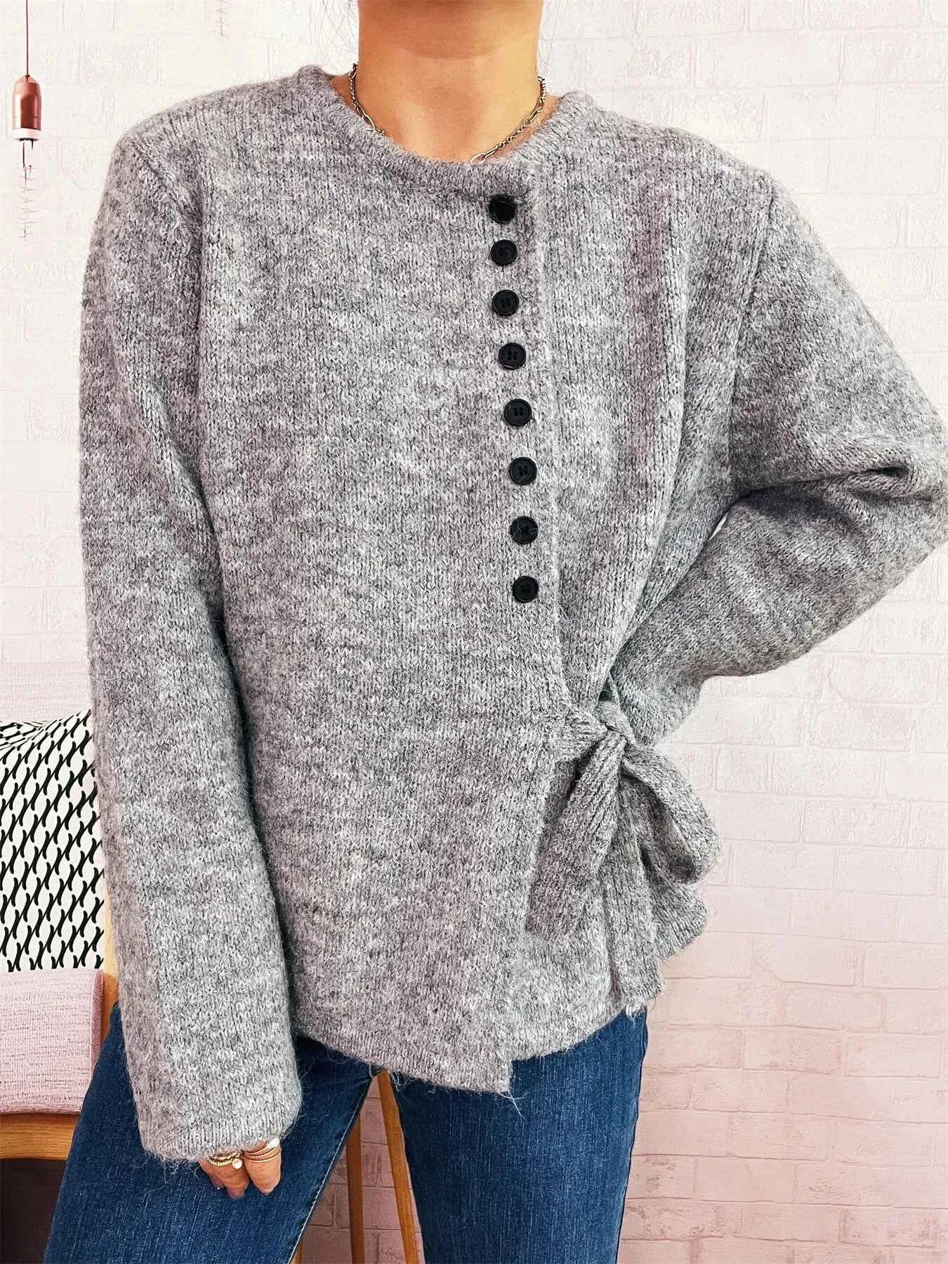 Button-Front Side-Tie Sweater 5716ef2fccd3483487a3584811d8edf9-Max-Origin