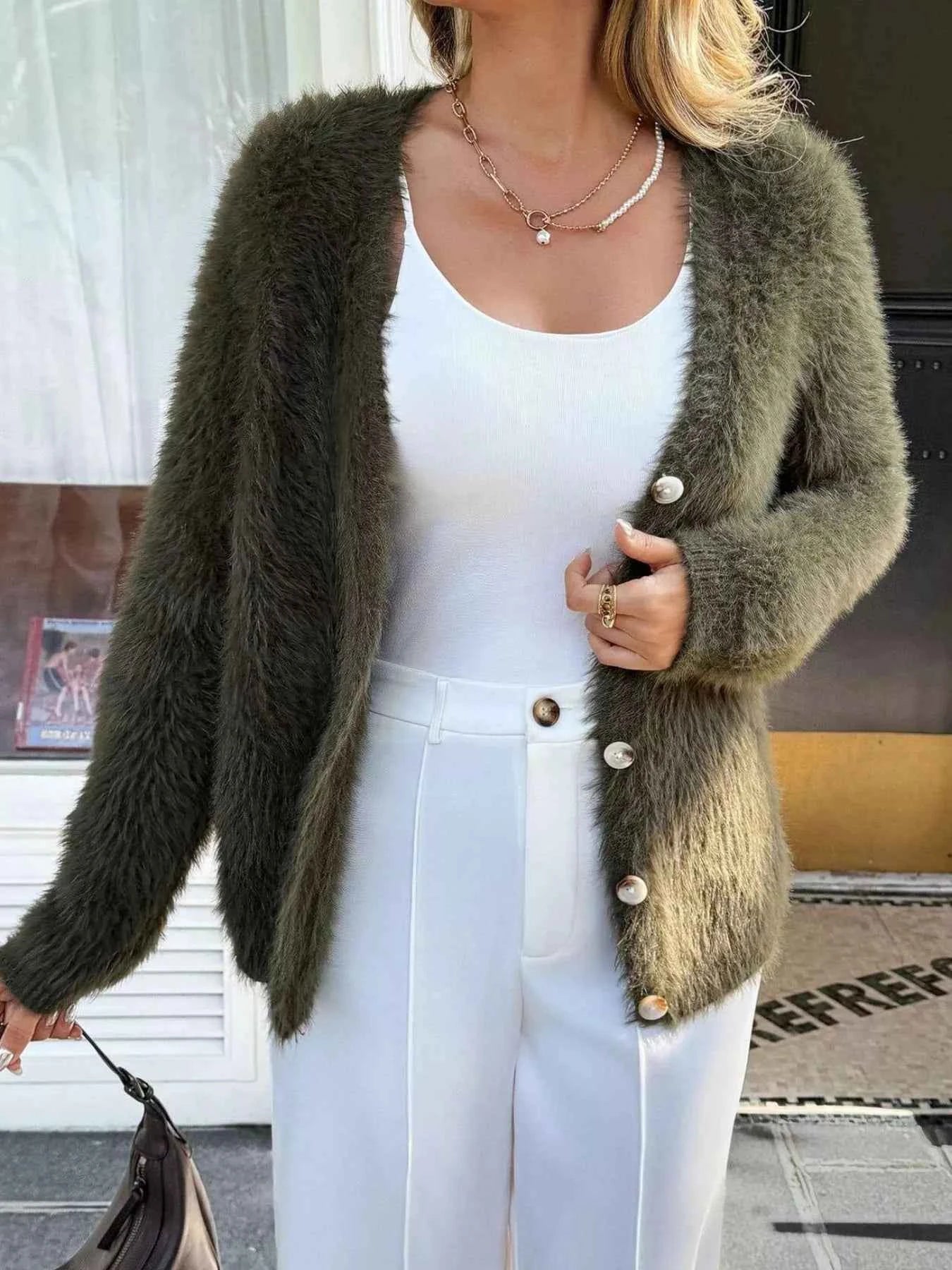 Fuzzy Knit Button-Up Cardigan Army Green 57172aa8-ab08-4a04-81fc-22799d9c06ff-Max-Origin