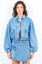 American Bazi Drawstring Waist Crop Denim Jacket Blue 5719ff7f-097a-4629-96b8-6c6d1530b8b0-Max