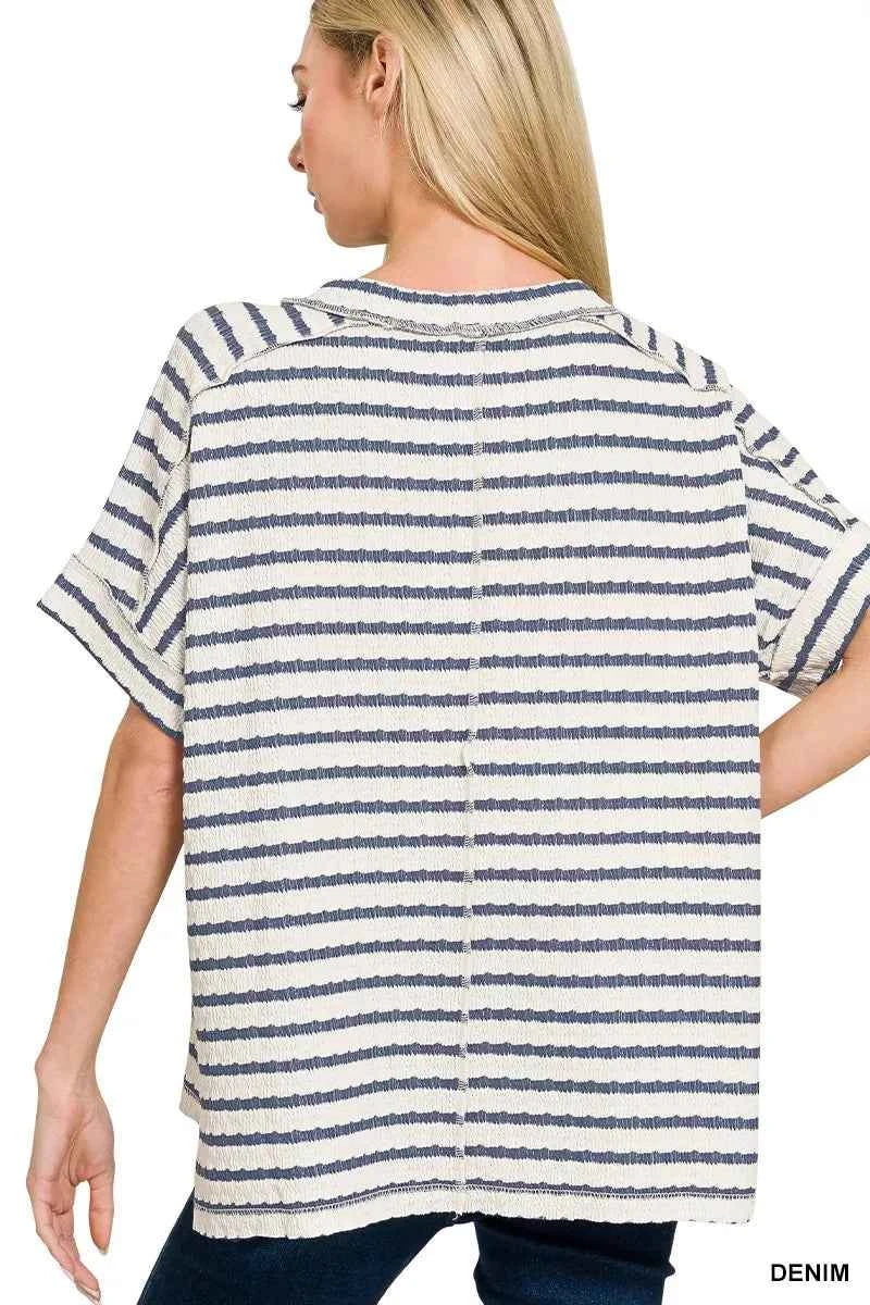 Zenana Striped Short Sleeve Hi-low Tee 571af4e805cd4c47a17021c353c2b8ae-Max-Origin