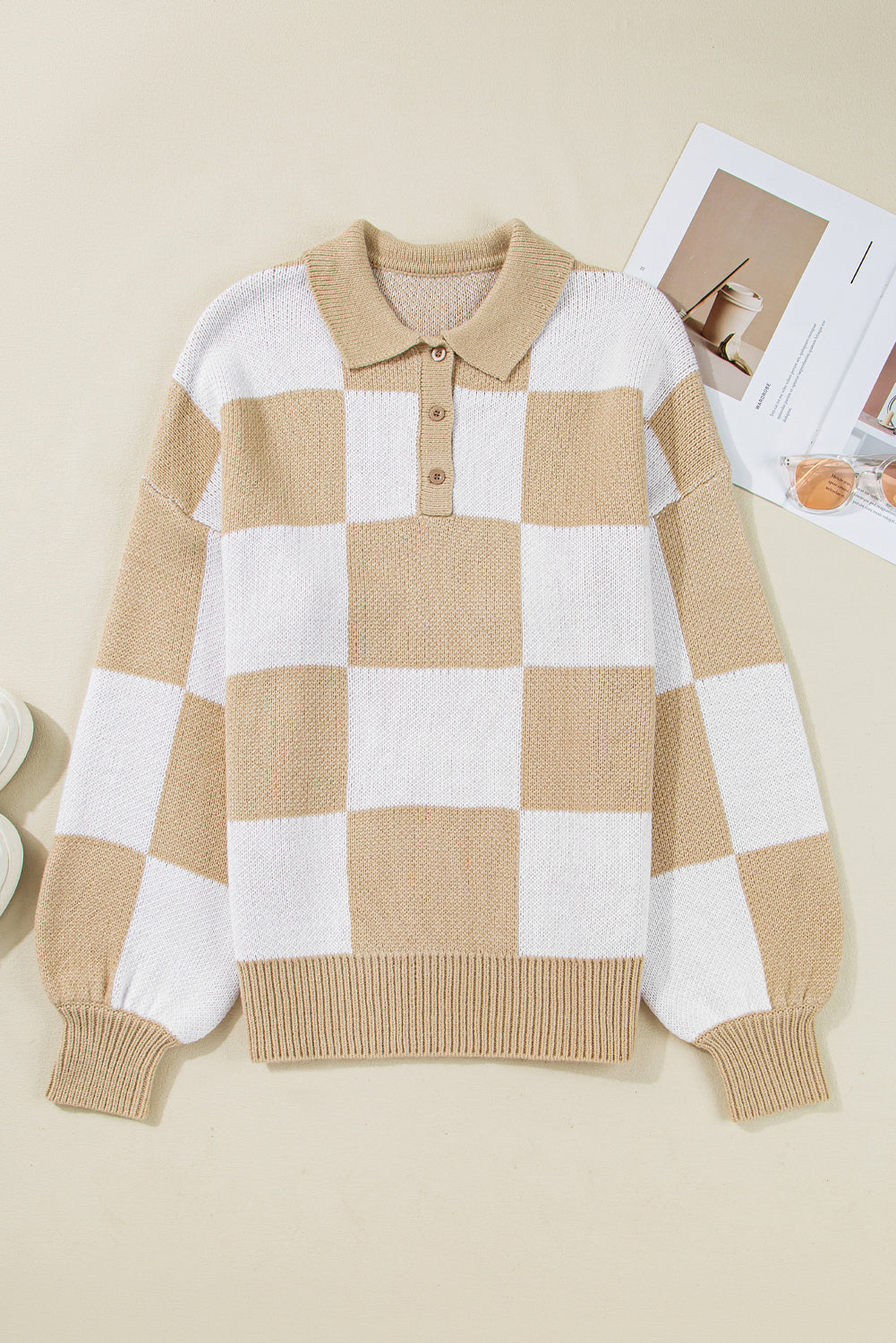 Light French Beige Checkered V-Neck Collared Pullover Sweater 571d47b602b68d20