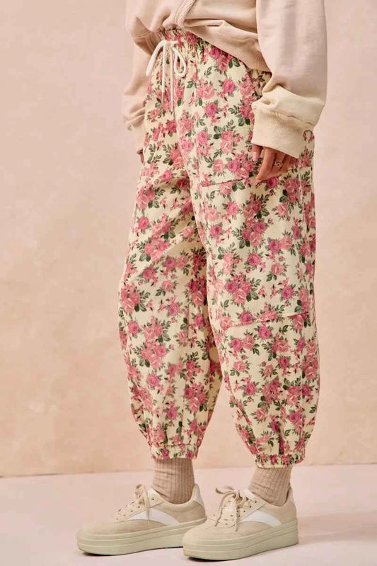 Floral Printed Twill Drawstring Pants With Elastic Band 571dbb0c016a4441b611bf12a6fd333e-Max-Origin