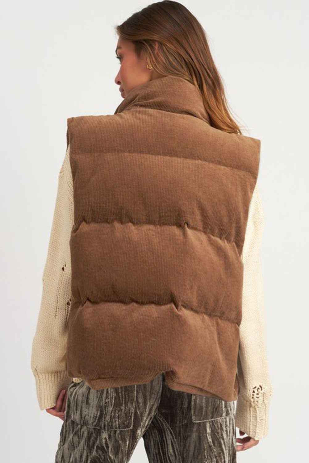 Coffee Solid Color Corduroy Puffer Vest Coat 5721965ad0e0b2f9