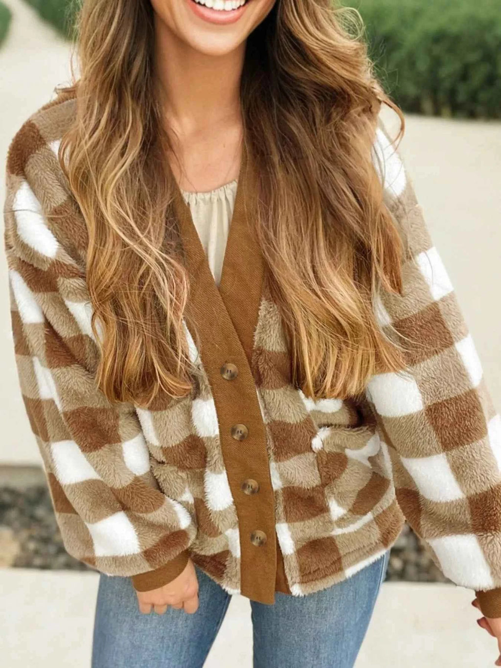 Checkered Sherpa Loose Knit Cardigan with Pockets Camel 5725ea0f-1ef6-43e1-83c6-73fda6f78e17-Max-Origin