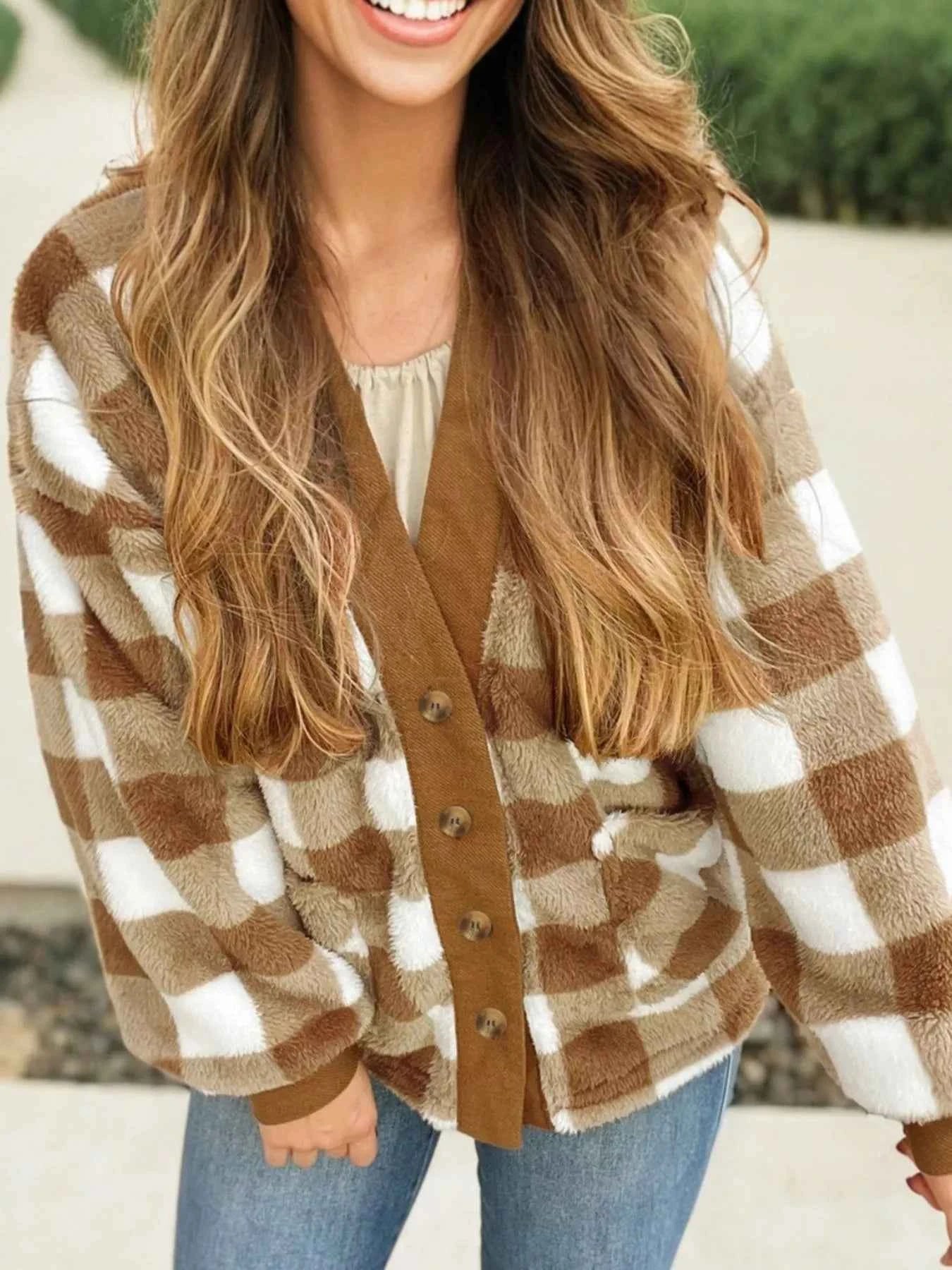 Checkered Sherpa Loose Knit Cardigan with Pockets Camel 5725ea0f-1ef6-43e1-83c6-73fda6f78e17-Max-Origin