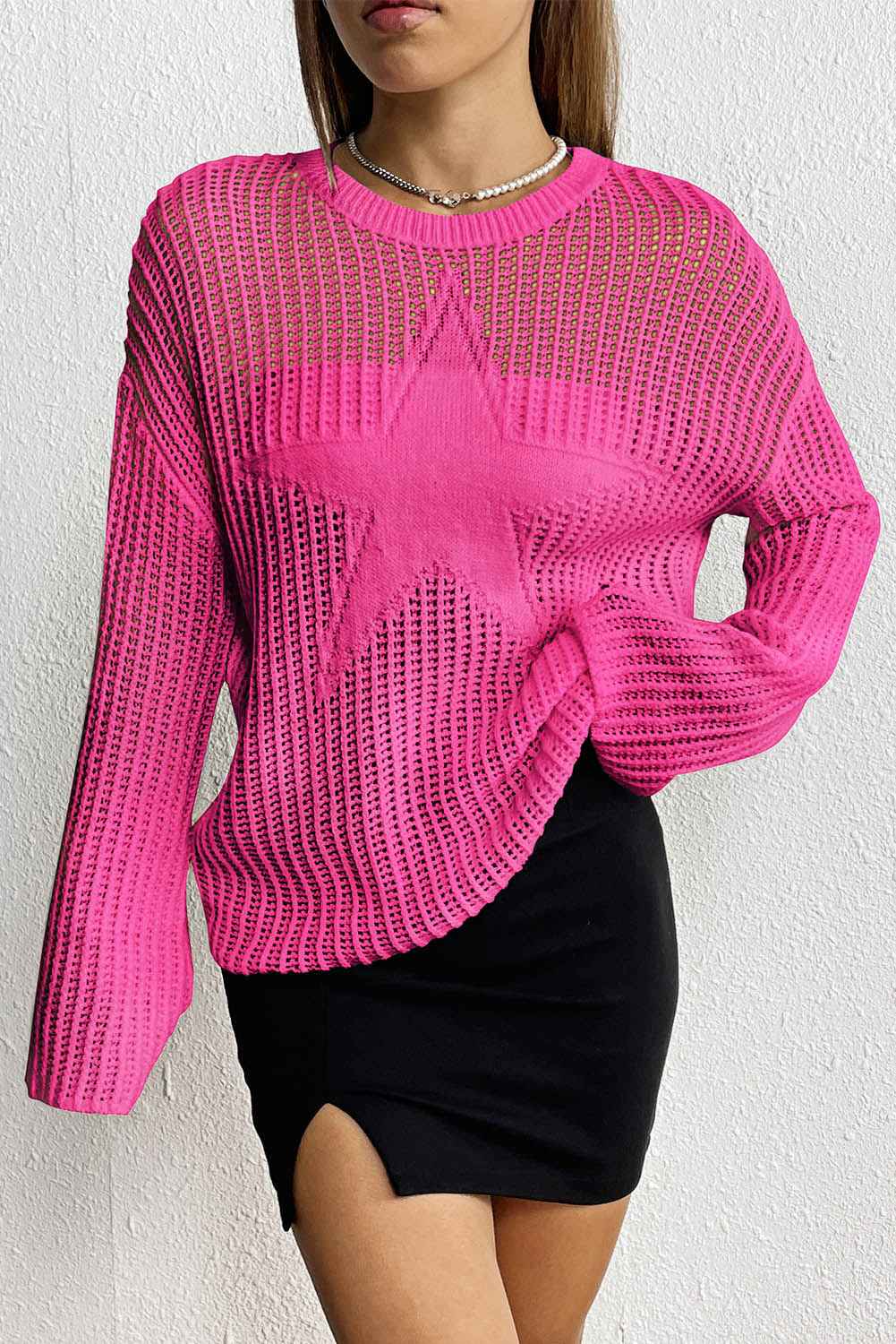 Rose Star Pattern Lightweight Hollow Knit Sweater 5728355296797441