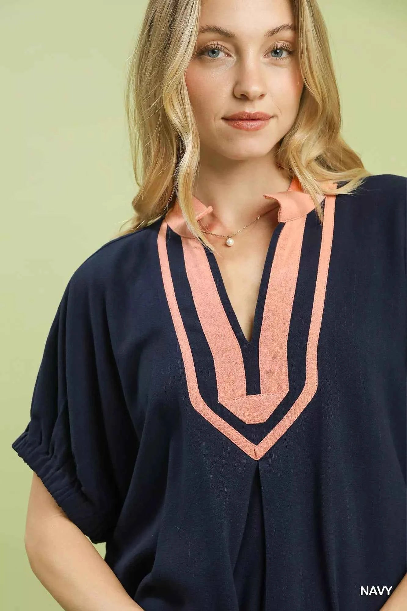 Umgee Linen Contrast Trim V-Neck Blouse 5728a2e6-7d67-4de9-a30f-a96811e69c6f-Max-Origin