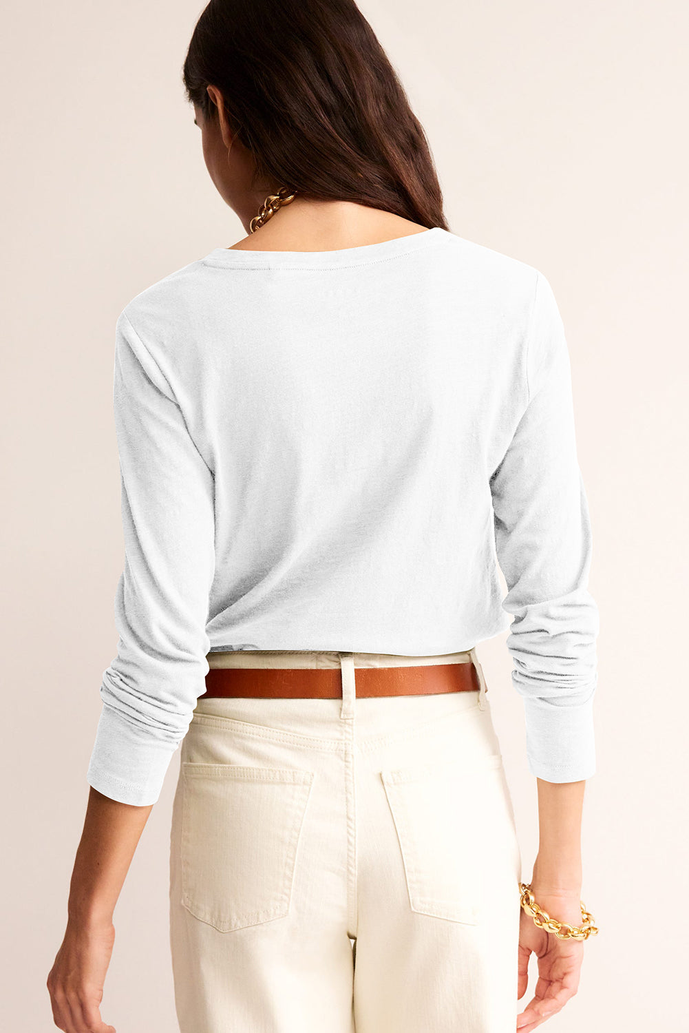 White Plain V Neck Long Sleeve Top 57354922db452738