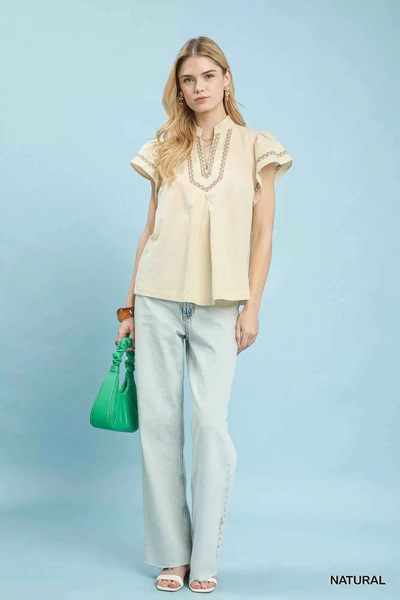 Umgee Embroidered Flutter Sleeve Blouse 5735f2c7-6db3-461f-9499-9faa01dc7994-Max-Origin