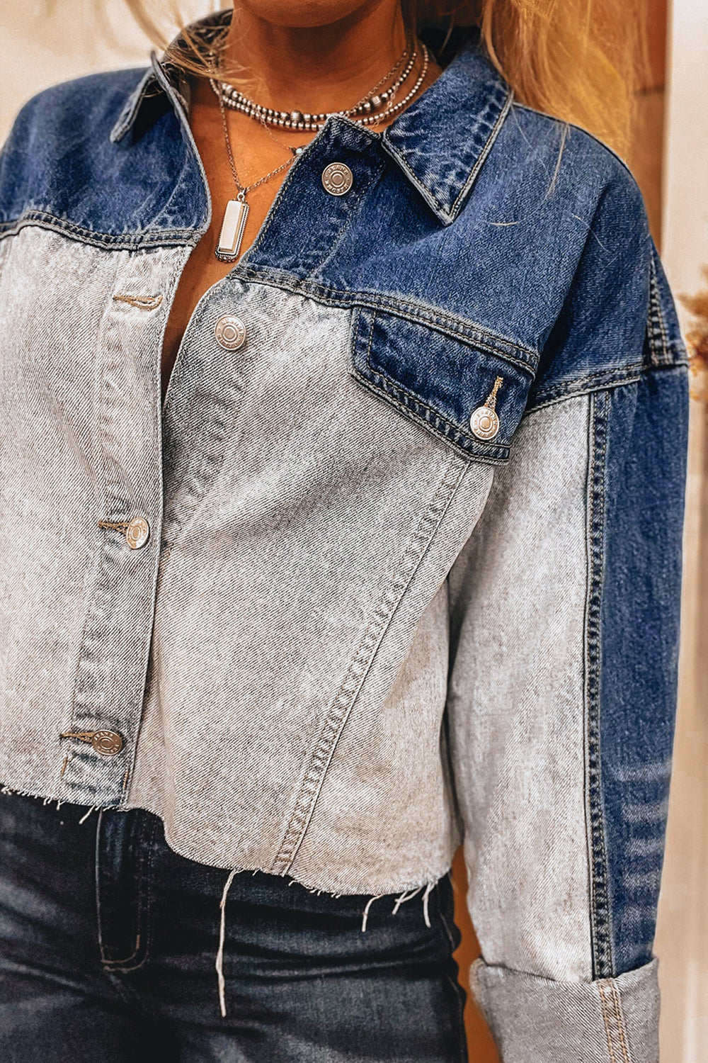 Dusk Blue Patchwork Flap Detail Distress Denim Jacket 573b22697101c42d