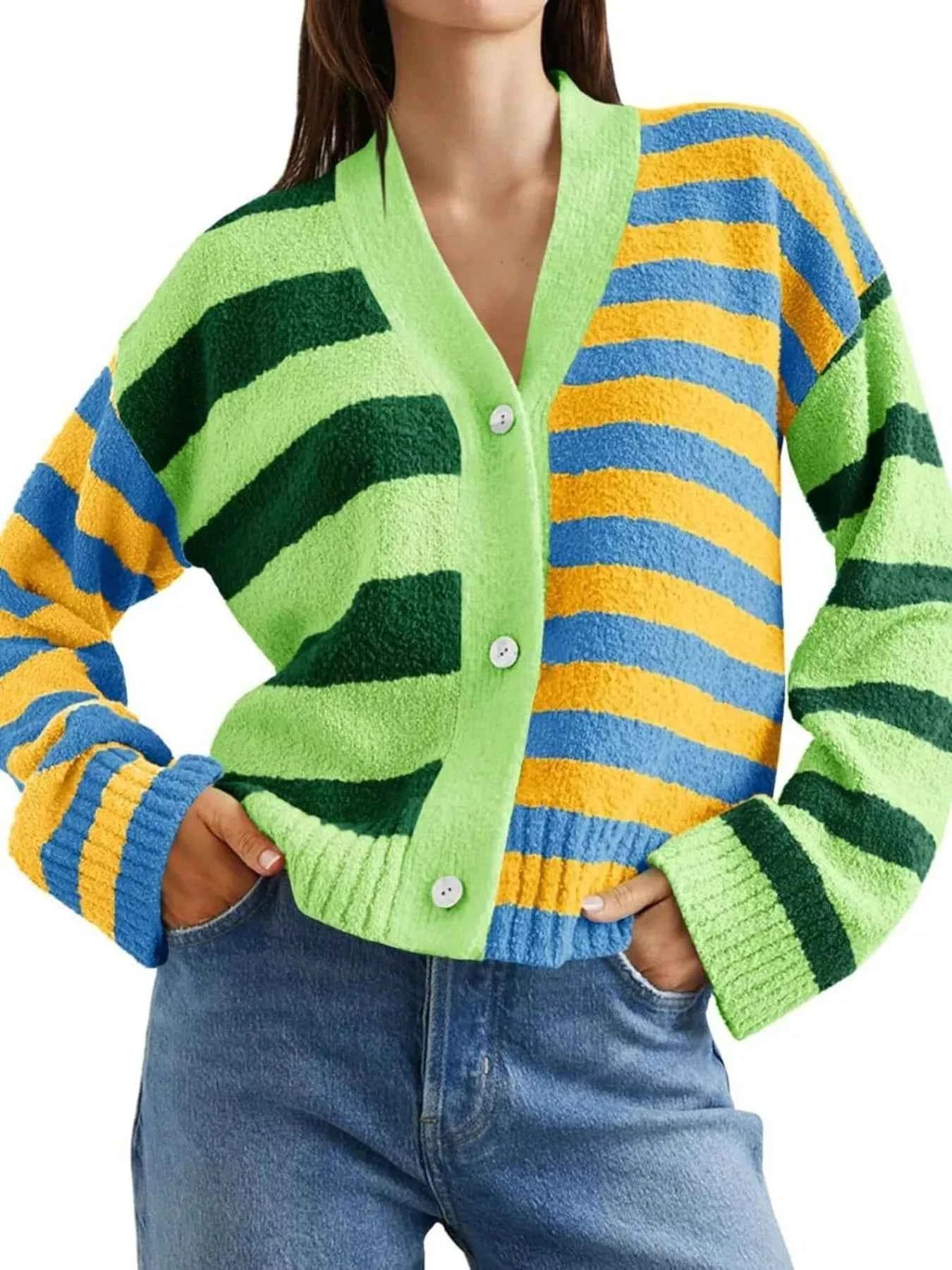 Striped Knit Button-Down Cardigan Green Yellow 573d37c1-28f3-4bc4-8ed0-453f24fa72e2-Max-Origin