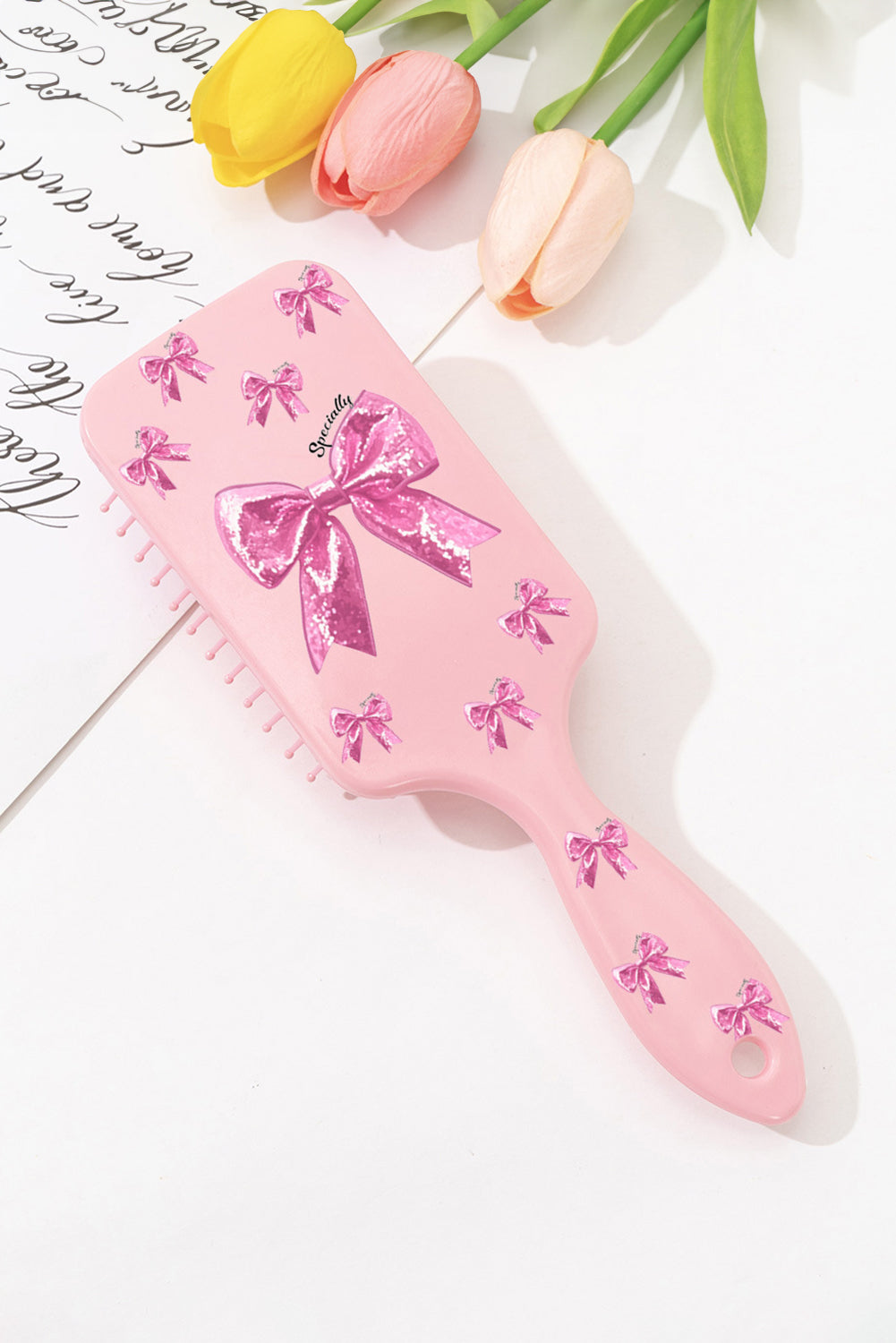 Gossamer Pink Bowknot Print Hair Cushion Comb 573dbbb3f39ffebd