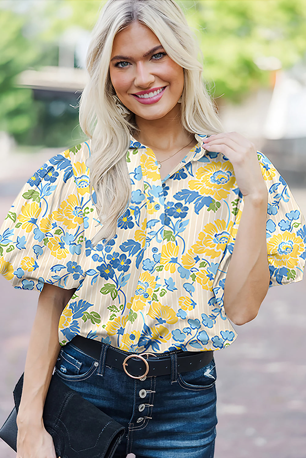 Blue Floral Striped Mixed Print Puff Sleeve Blouse 574b1a9620ad2e26