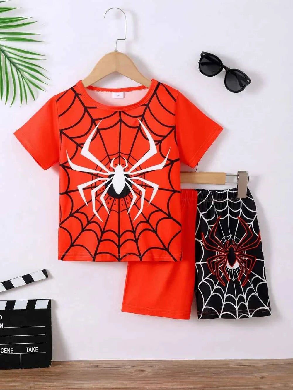 Children's Spider Round Neck Short Sleeve T-Shirt and Pants Set Red 574dc4b6-be53-4cb0-85d6-8540bd5fa892-Max