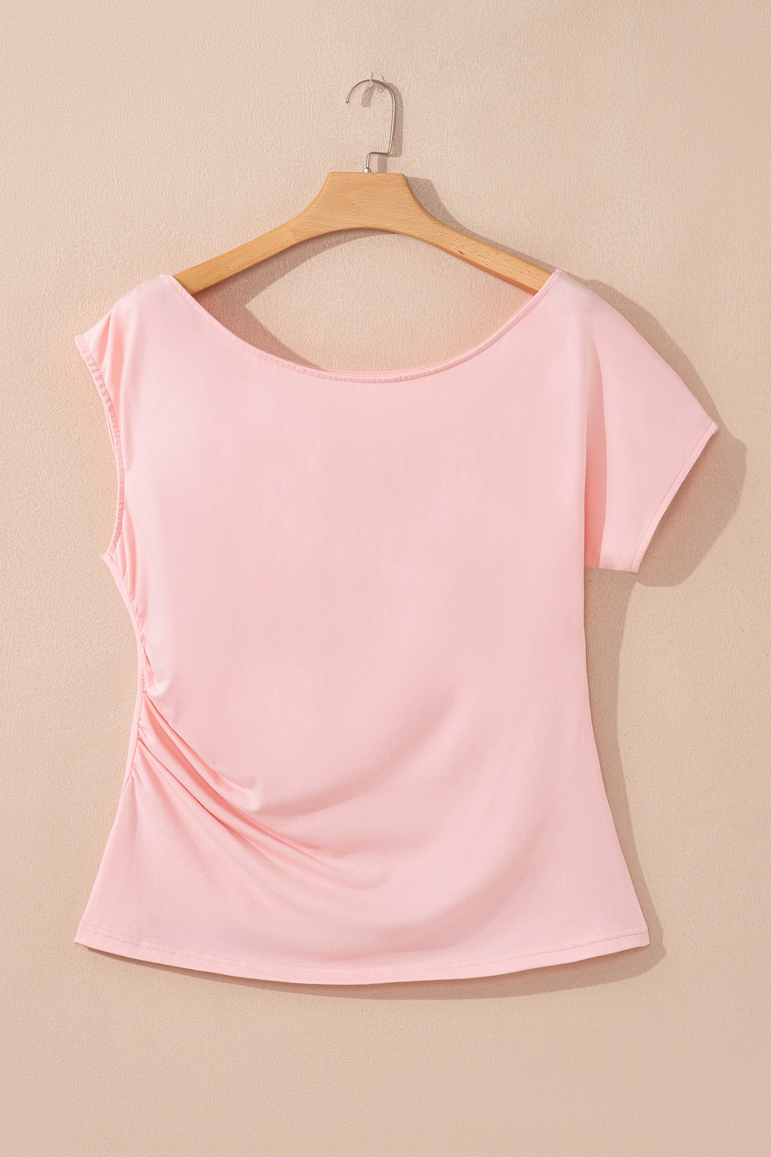 Blue Sapphire Plus Size Solid Color Asymmetric Neck Short Sleeve Blouse 57540252fb54f1b4