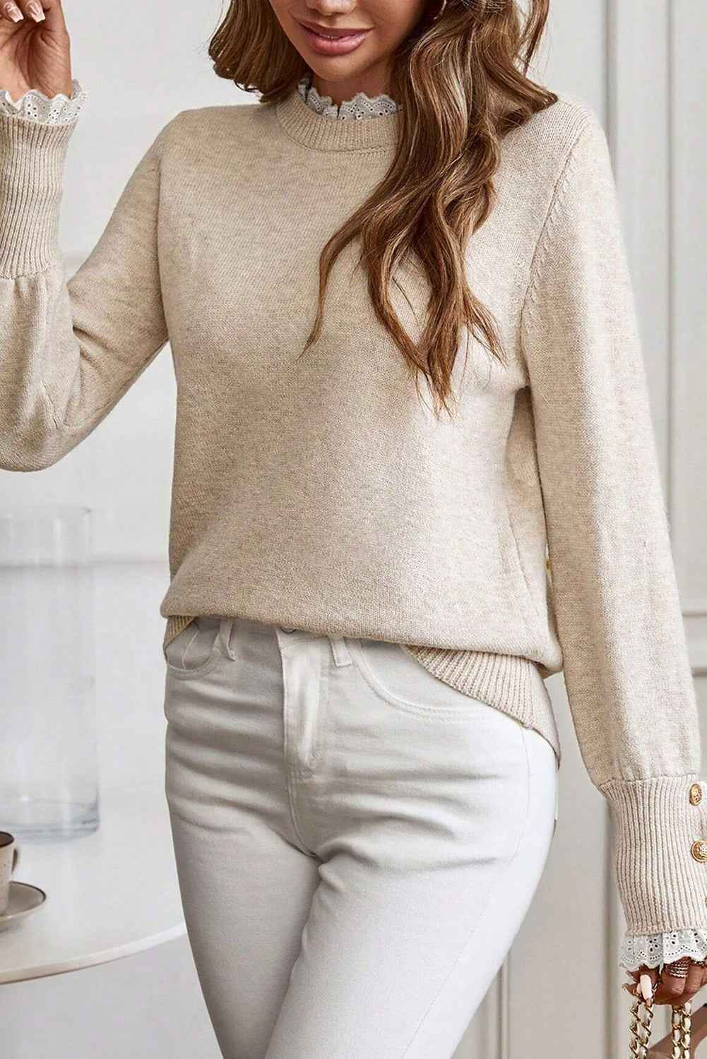Racing Red Lace Trim Patchwork Buttoned Cuffs Loose Sweater 57572752a5a7a464