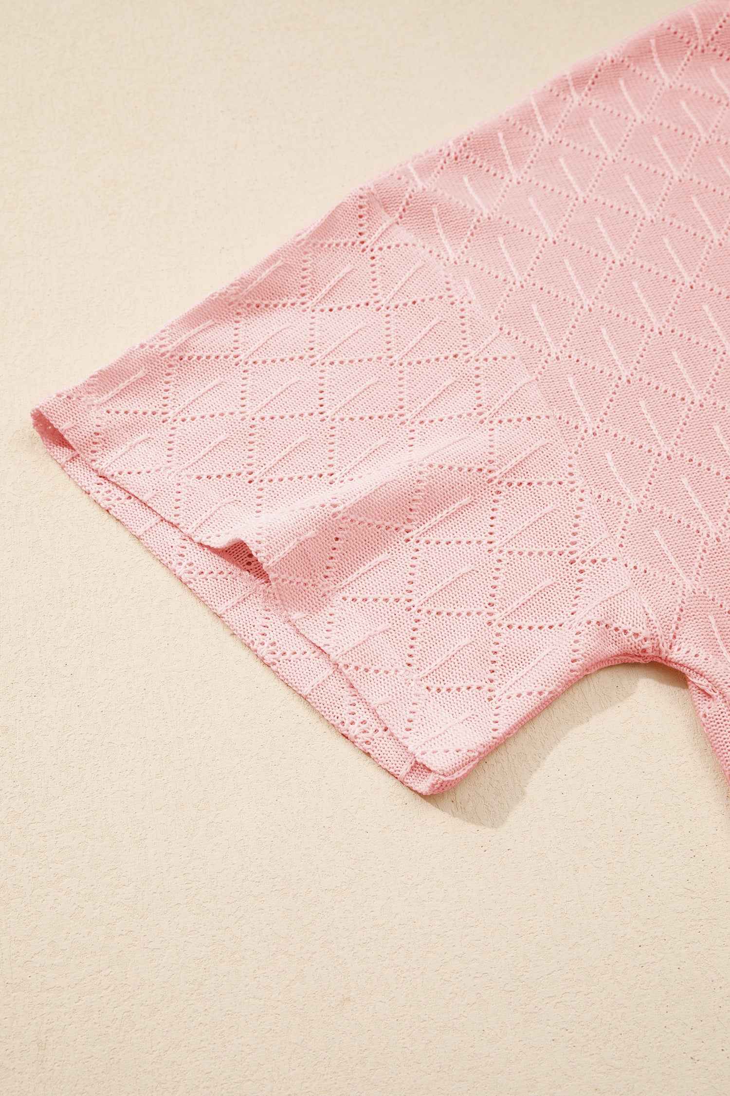 Light Pink Pointelle Rhombus Knit Plus Size V Neck Loose Top 57596a032cbca827
