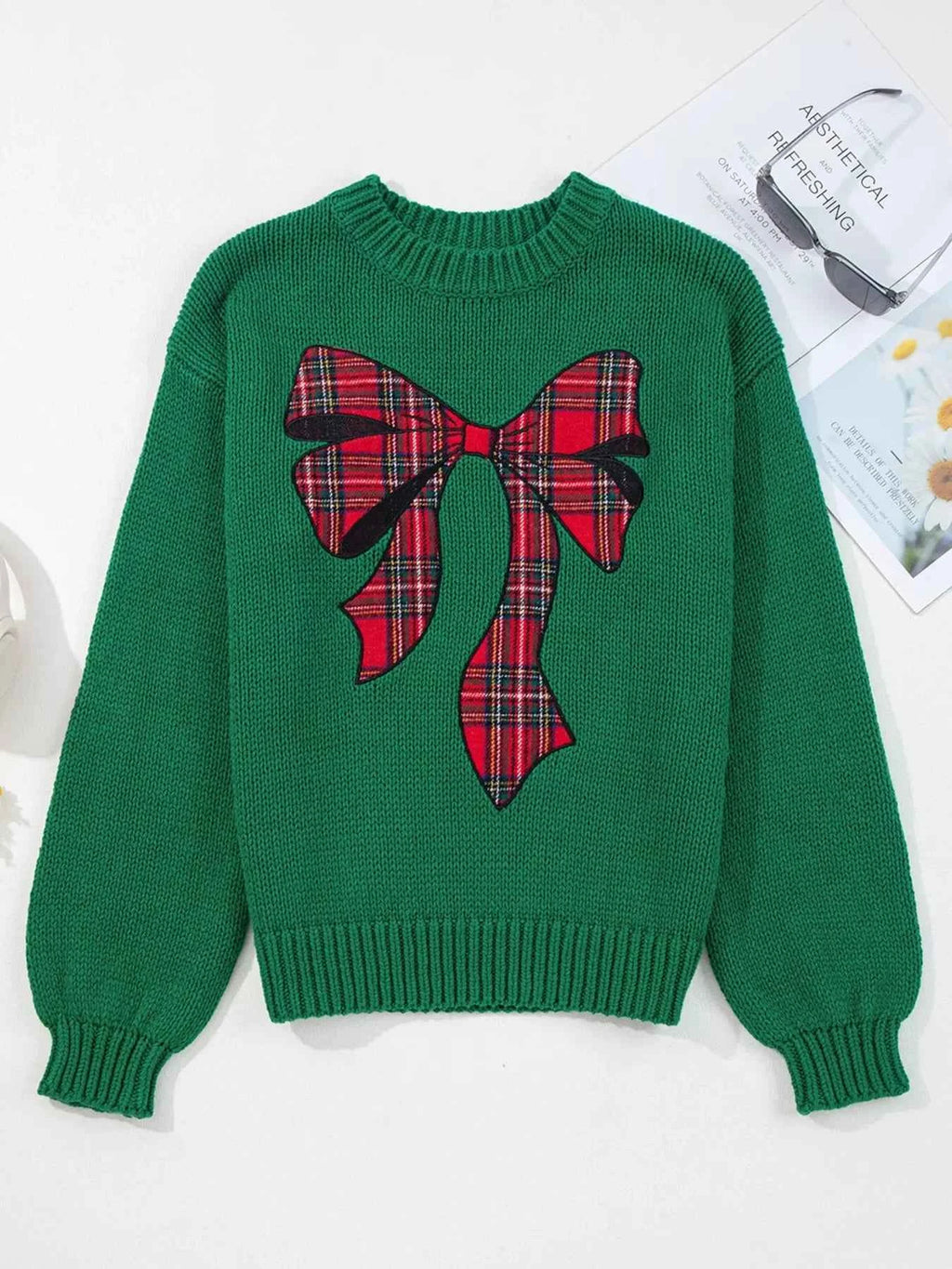 Plaid Bow Graphic Christmas Sweater 5759ee5086cb484a927b435eb7abb9af-Max-Origin